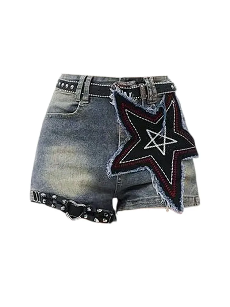 American Style Vintage Geometric Patch Designs Jean Shorts Women With Belt High Waist Wrap Hip Hot Pants Summer Sexy Gyaru Tide