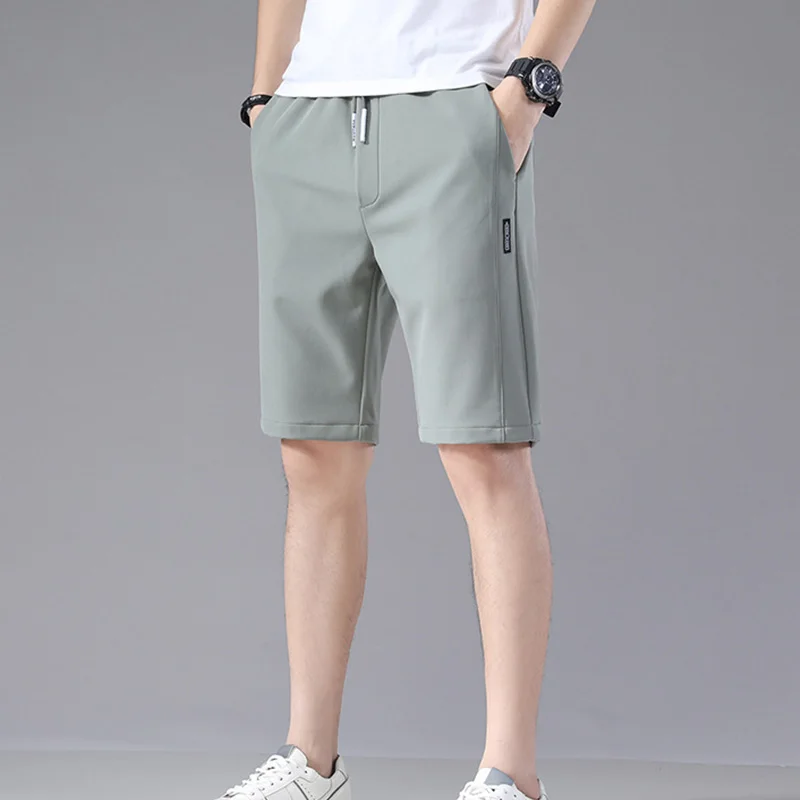 Men Summer Casual Shorts Elastic Waist Drawstring Straight Solidcolor Ice Silk Sports Thin Pocket Knee Length Pants Men Clothing