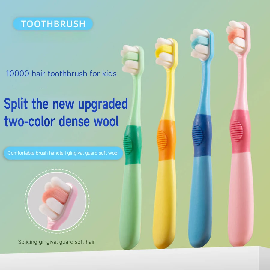 Children 3-12 years old ten thousand hair soft bristle toothbrush four colors available. Brush head with dust jacket