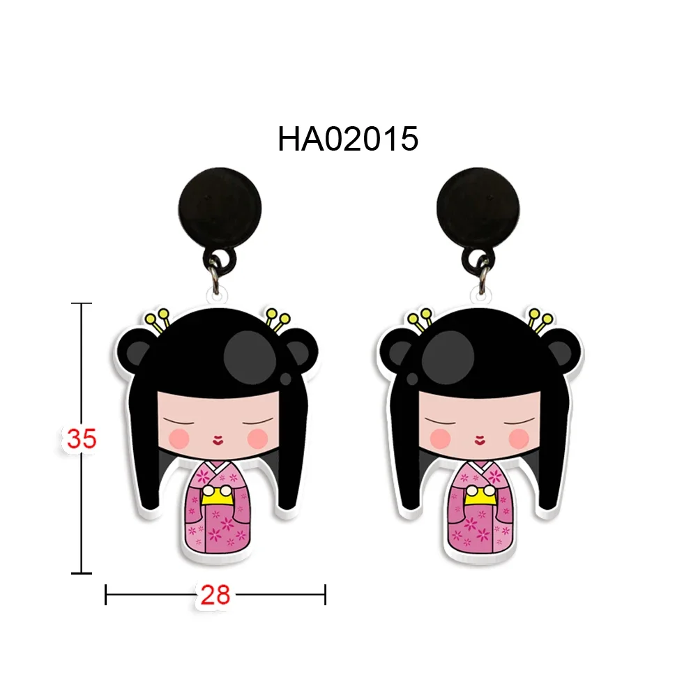 Chica linda en kimono Pendientes colgantes negros Patrón de estampado Pendientes de tuerca de personaje de niña de dibujos animados
