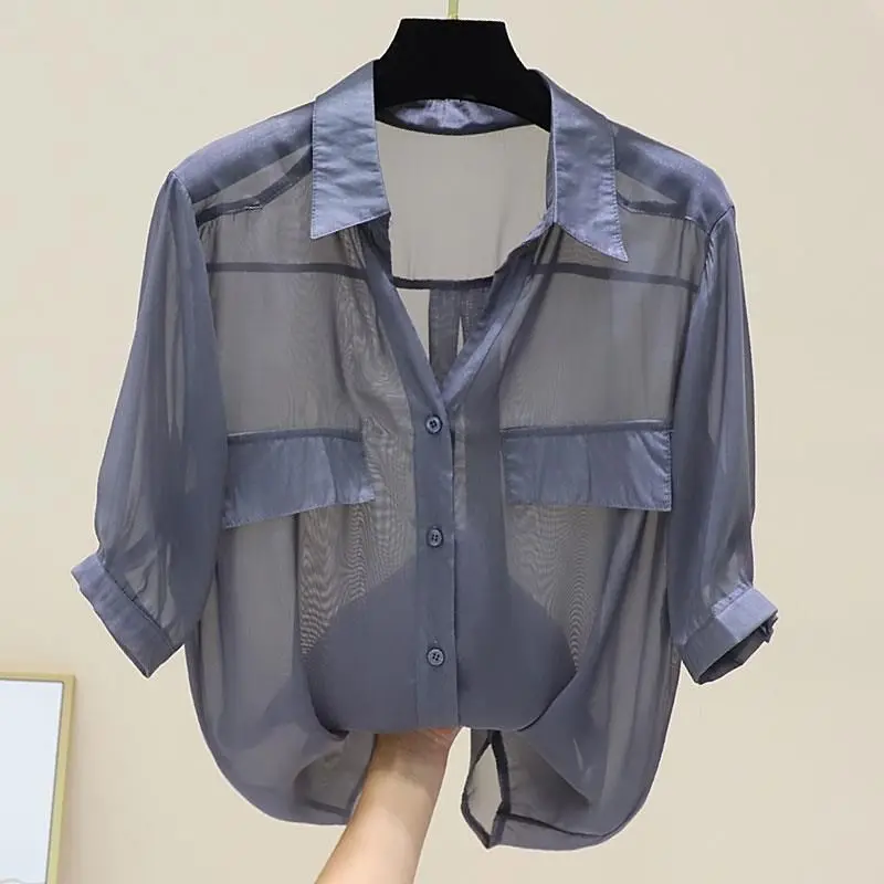

Chiffon Simplicity Thin Shirt Tops Women Clothing Short Sleeve Polo Neck Solid Street Casual Blouse Summer New Fashion Vintage