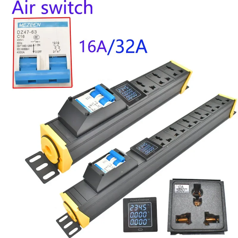 PDU Power Strip 16/32A interruptor de ar Unidade de distribuição de energia Switcher2/3/4/5/6/7/8 Way10A tomada universal medidor de energia