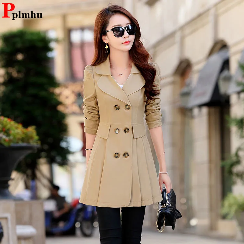 

Lapel Slim Mid Length Trench Coats Korea Double Breasted Casual Skirt Hem Gabardina Vintage Fashion Women Elegant Windbreaker