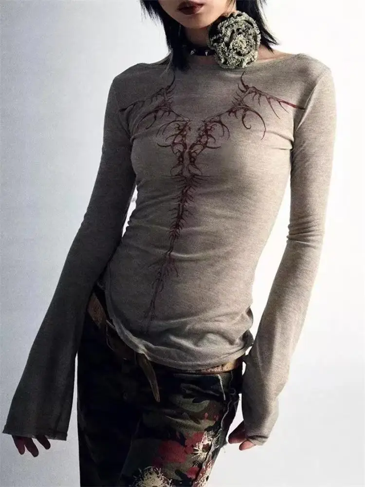 

Топы с эстетикой гранж для женщин, винтажная футболка с татуировкой и принтом, футболка Wasteland Punk, нерегулярная футболка, готическая уличная одежда Y2k