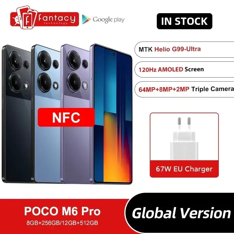 Versão global POCO M6 Pro Helio G99 Ultra 120Hz Fluxo AMOLED 64MP Câmera Tripla com OIS 67W turbo carregamento NFC