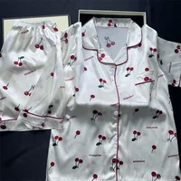 Cherry Print Pajamas Set for Women Summer Satin Two Piece Sleepwear Short Sleeve Shirt and Shorts Casual Fashion Homewear - Image 2