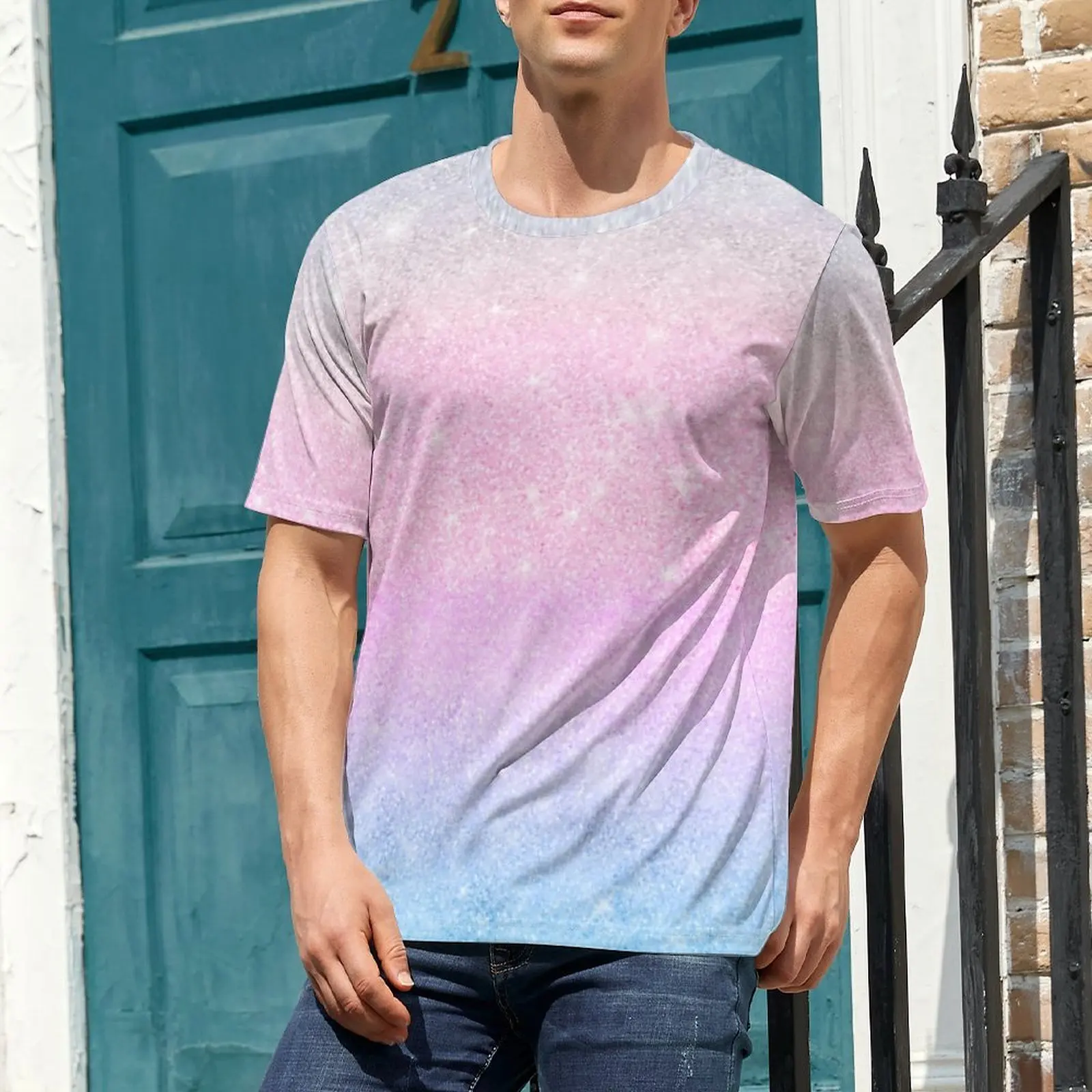 Elegant Blue Pink Ombre T Shirt Rainbow Glitter Print Novelty T-Shirts Mens Funny Tee Shirt Summer Short Sleeve Tees Large Size