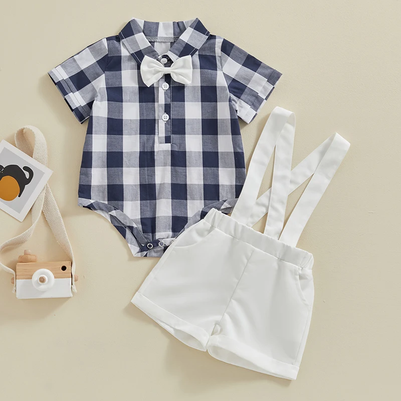 

Adorable Baby Boy Summer Outfits Stylish Short Sleeve Shirt with Bowtie Adjustable Suspender Shorts Set for Infants and