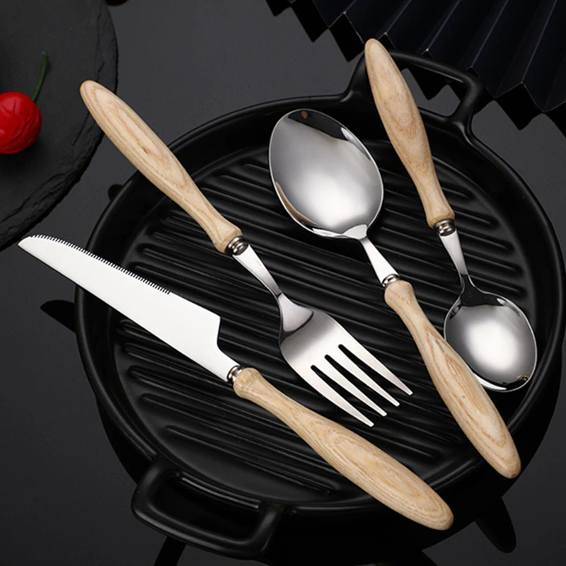 4 PCS Wooden Handle Cutlery Stainless Steel Dining Fork Coffee Spoon Steak Knife Set Japanese Tableware Kitchen Accessories