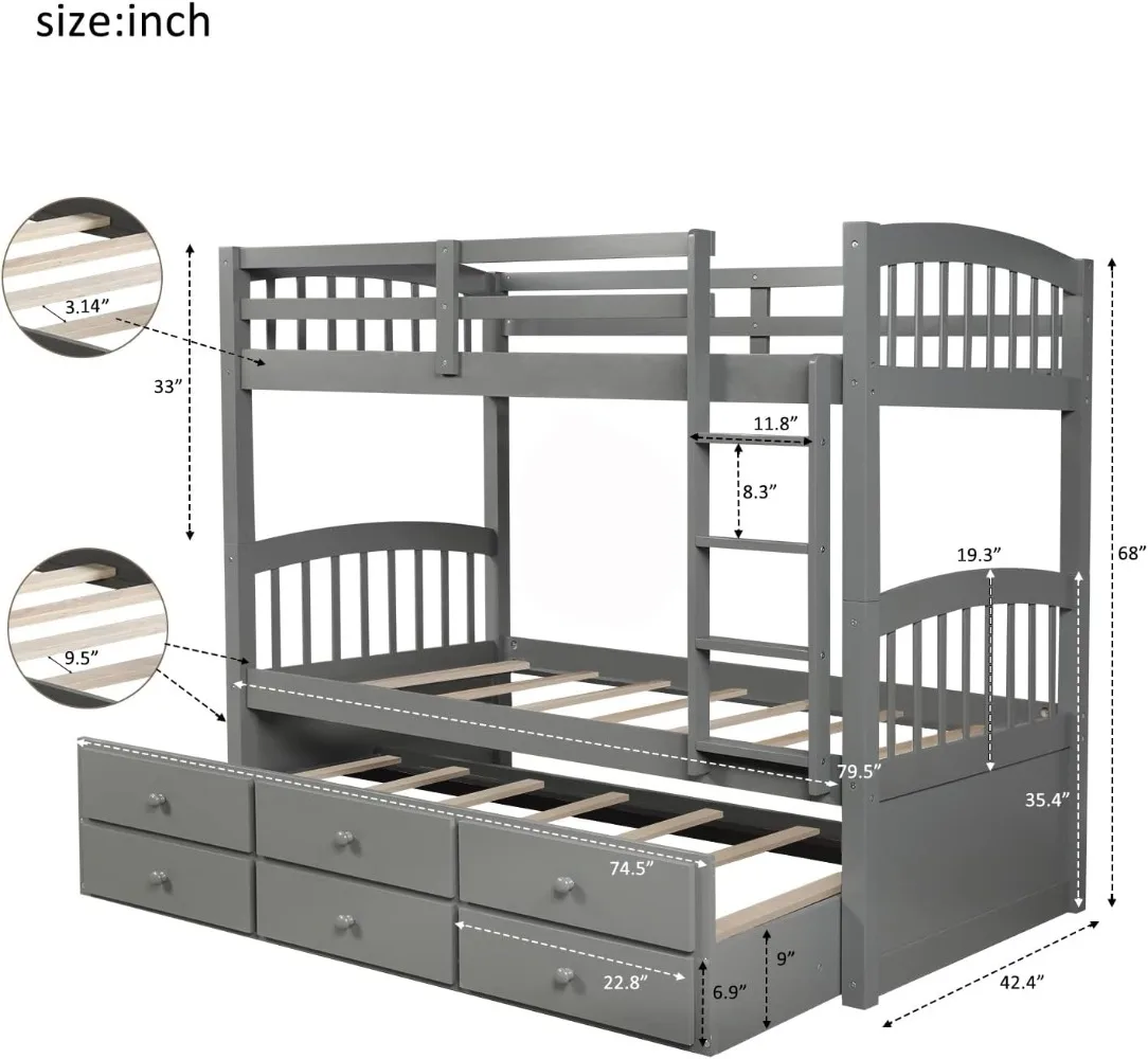 Twin Over Twin Bunk Bed with Twin Trundle Bed, 3 Storage Drawers, Safety Rail, and Ladder for Bedroom, Guest Room Furniture