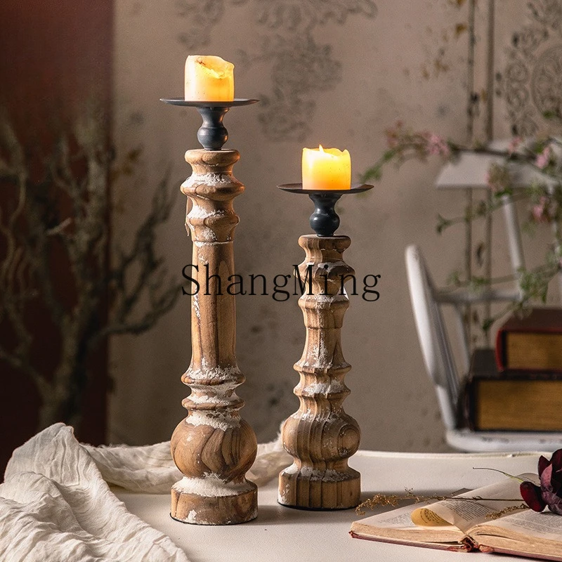 

FG handmade wooden carved candlestick romantic retro old solid wood ornament