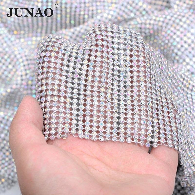 

JUNAO 45*120cm Glitter Silver AB Sewing Glass Rhinestone Mesh Fabric Crystal Ribbon Strass Applique For Shoe Garment Accessories