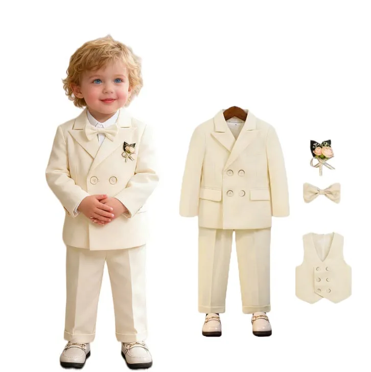 Little Boys Beige 5Pieces/Set Jacket Vest Pants Bowtie Flower Wedding Dress Children Birthday Gift Suit Kids Ceremony Costume