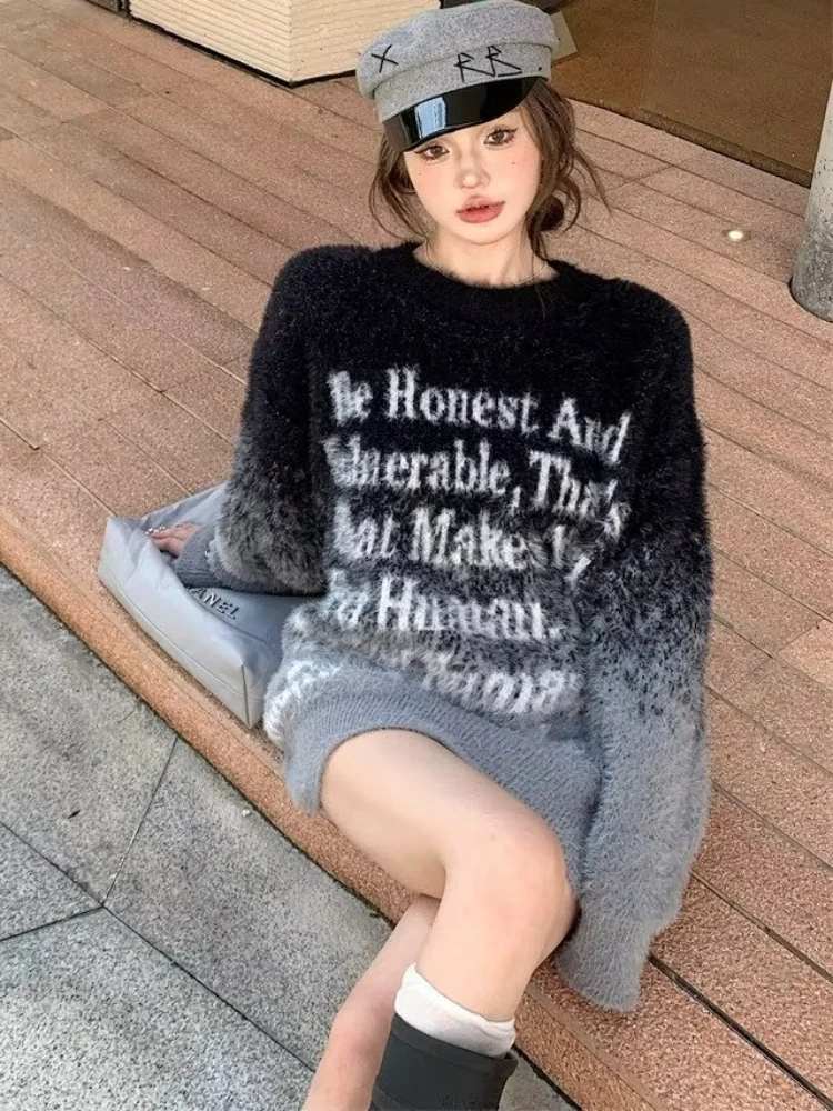 Loose Sweaters Women Gradient Color Japanese Style Daily Teenagers Elegant Hotsweet Hip Hop Casual Letter Pullover Hipster Chic