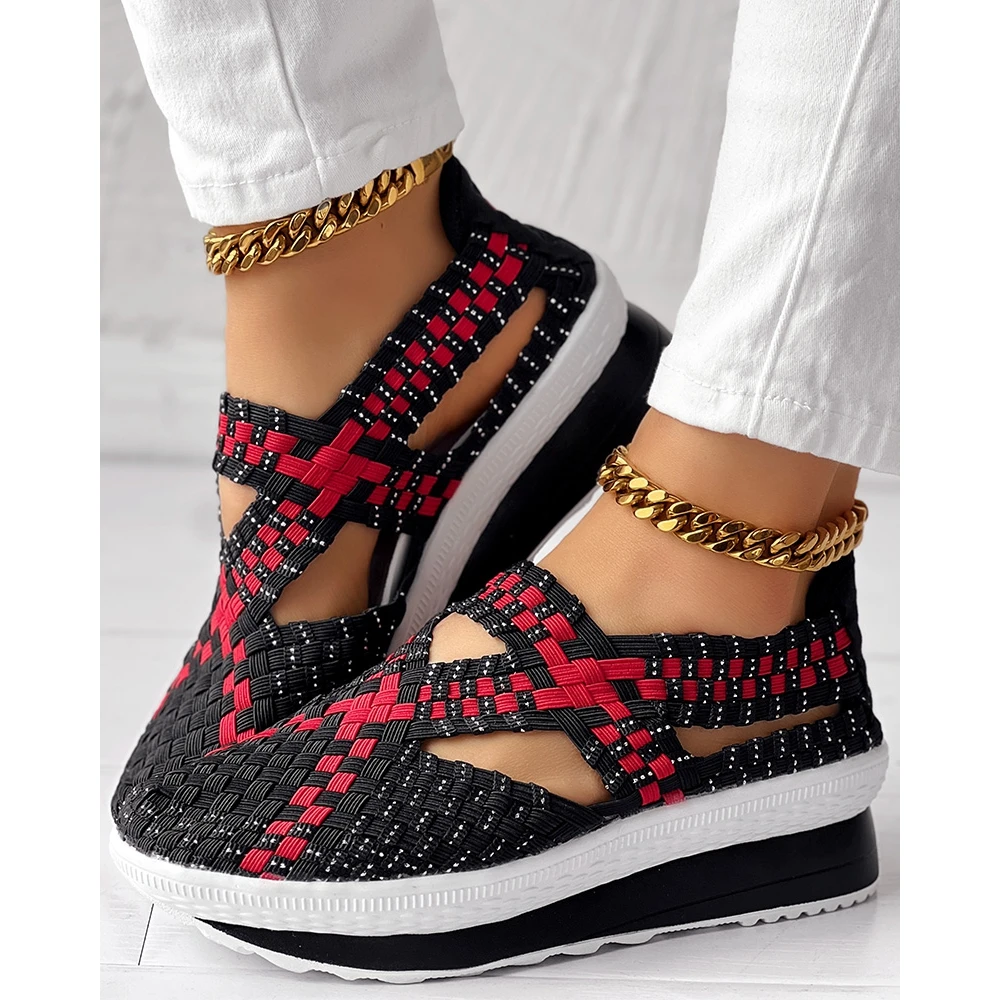 Women Colorblock Weave Platform Breathable Mesh Surface Slip-on Shoes Spring Autumn Casual Sports Sneakers Running Korean