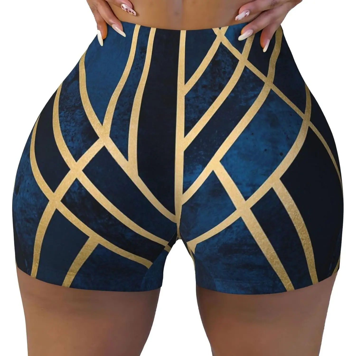 Abstrakcyjne geometryczne szorty sportowe damskie w paski, elastyczne, bezszwowe, z wysokim stanem, idealne na siłownię i do jogi na lato.