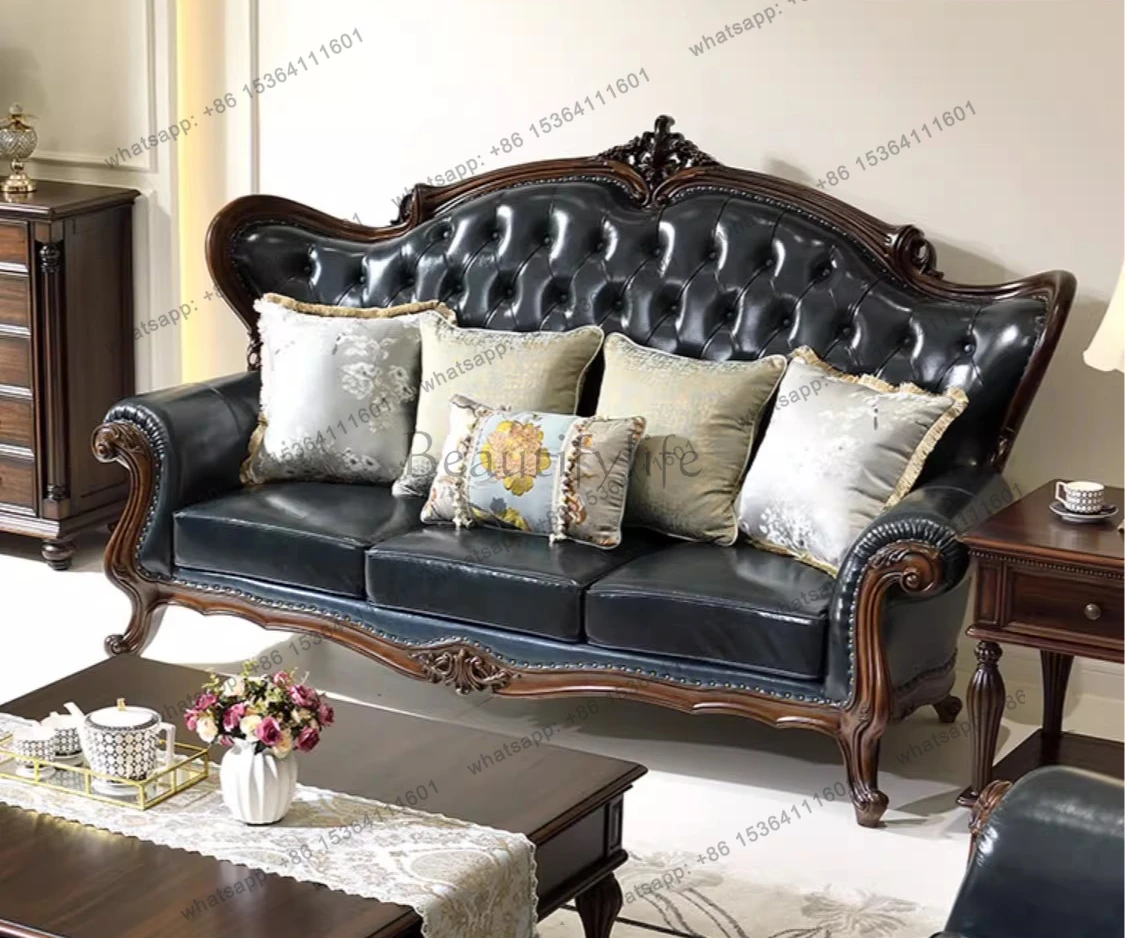 yj9 American retro rural solid wood multi-person large apartment first layer cowhide straight row sofa