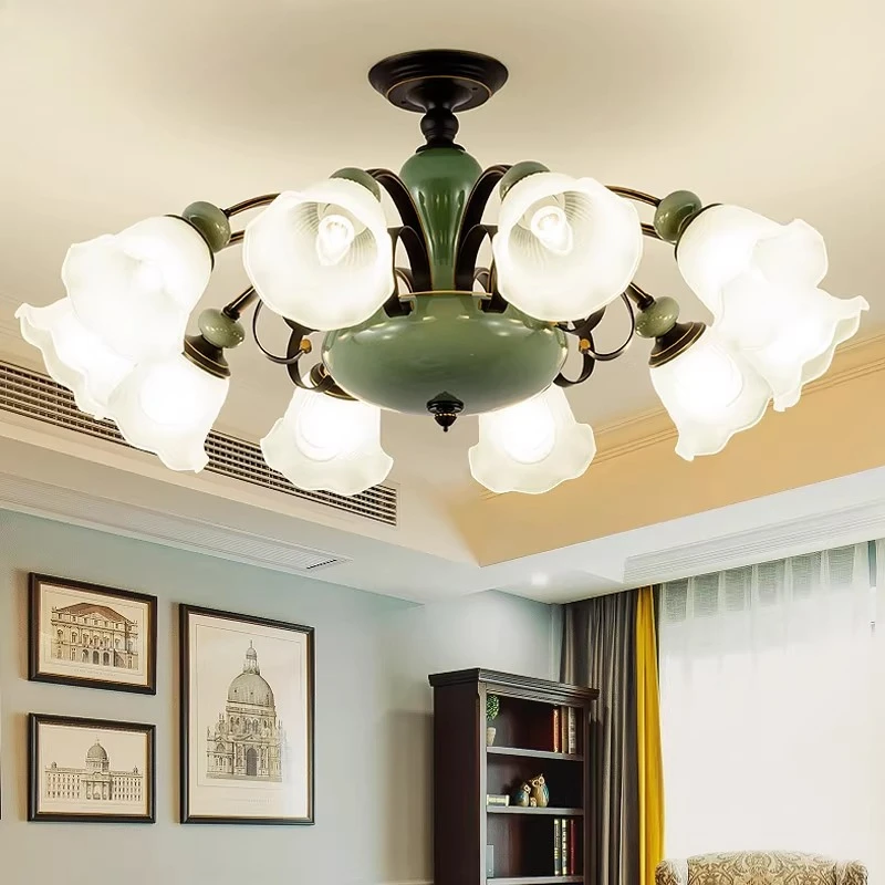 American Green Ceramics LED Chandeliers White Flower Shape Glass Pendant Light Living Room Bedroom Restaurant Hotel Hanging Lamp