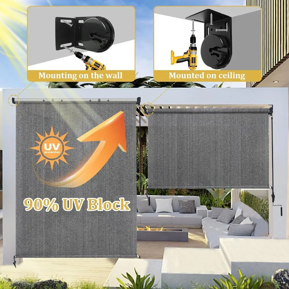 ظلال دوارة خارجية لاسلكية باللون الرمادي، عرض 6 أقدام × ارتفاع 8 أقدام، تصميم مقسم للفناء والشرفة والمراقبة