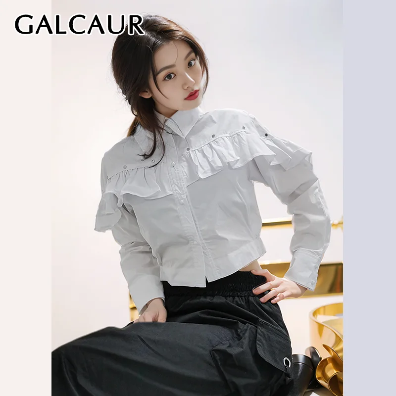 

GALCAUR Minimalist Patchwork Botton Shirts For Women Lapel Long Sleeve Spliced Ruffled Slimming Oversized Blouses Female New