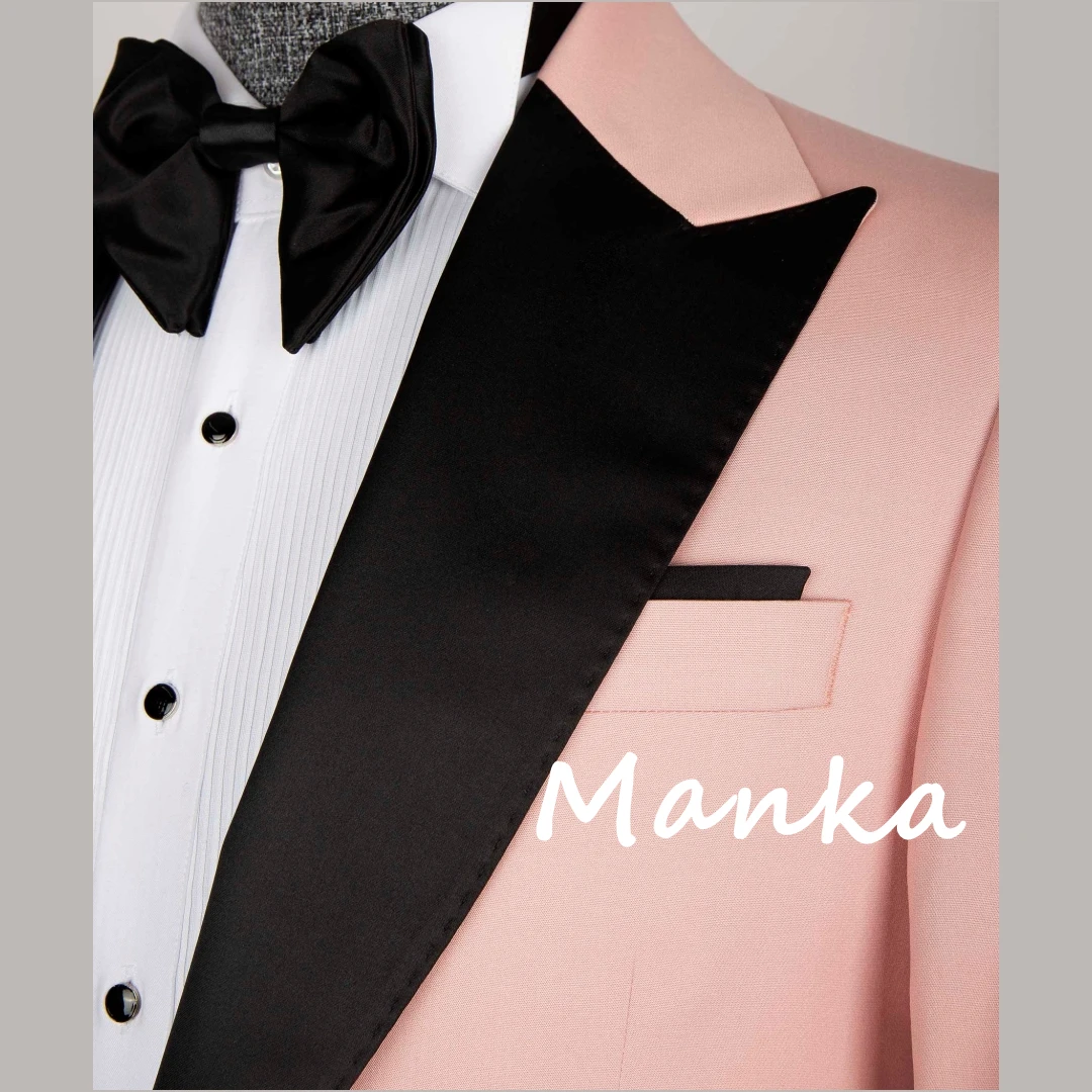 Esmoquin de boda con cuello de satén negro y rosa para hombre, trajes de novio, chaqueta de 3 piezas, chaleco, pantalones, traje Formal personalizado para fiesta de graduación