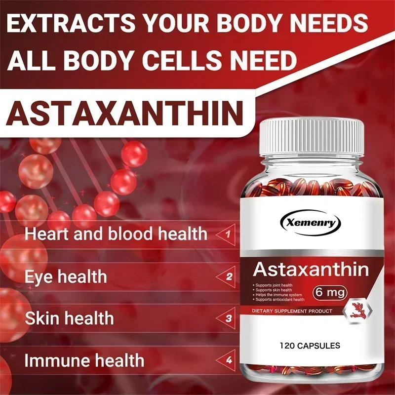 مكملات أستازانتين 6 ملغ - مضادة للأكسدة، تعزز صحة القلب والأوعية الدموية وتسريع عملية التمثيل الغذائي والدماغ وصحة المفاصل والقلب