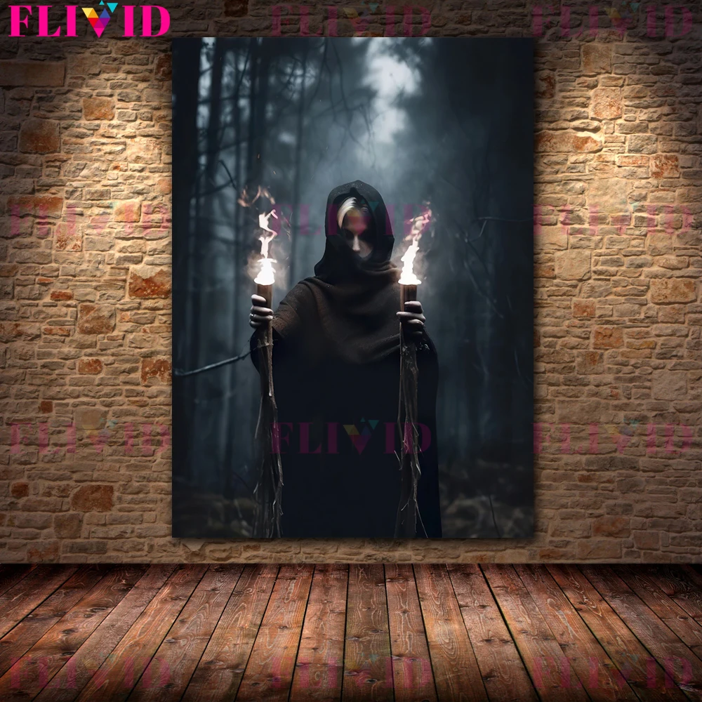 The Mysterious Witch Holding A Torch In The Dense Forest Vintage Wall Art Canvas Painting Gothic Wicca Art Poster Print Decor