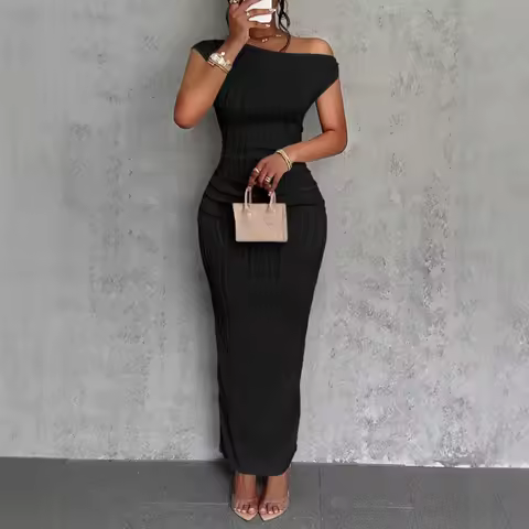 Women's One Shoulder Ribbed Bodycon Maxi Dress Slim Fit Solid Color Party Evening Long Dress
