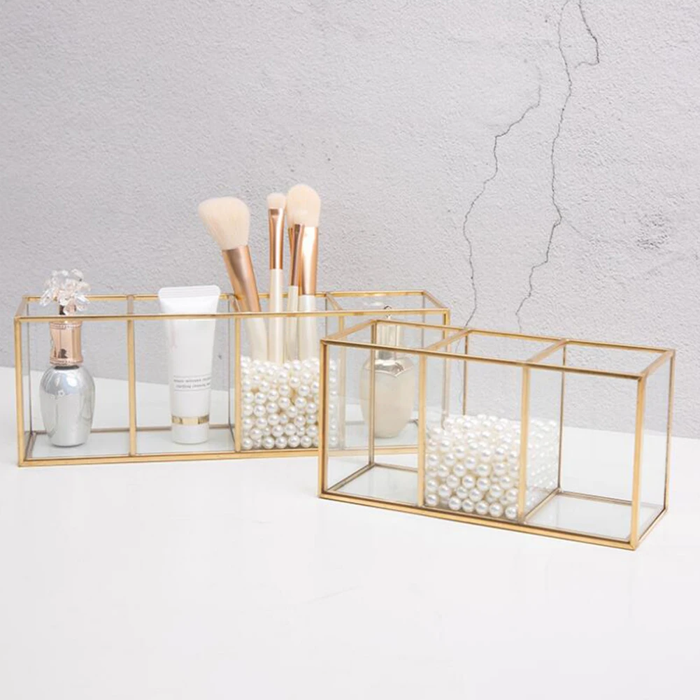 Makeup Brush Holder | Transparent Glass Cosmetic Brushes Storage with 3 Slots | Durable and Clean Ey