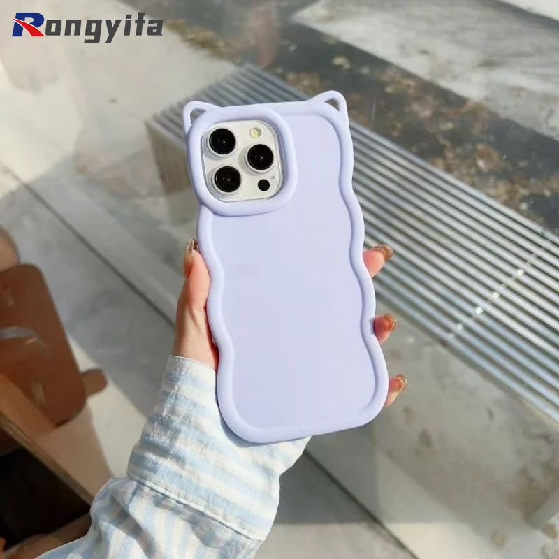 3D Wave Cat Ears Phone Case For Samsung Galaxy A12 M12 F12 A11 M11 A10 A10S A02 A02S M02S M22 A20S 5G 4G Cute Soft Cover