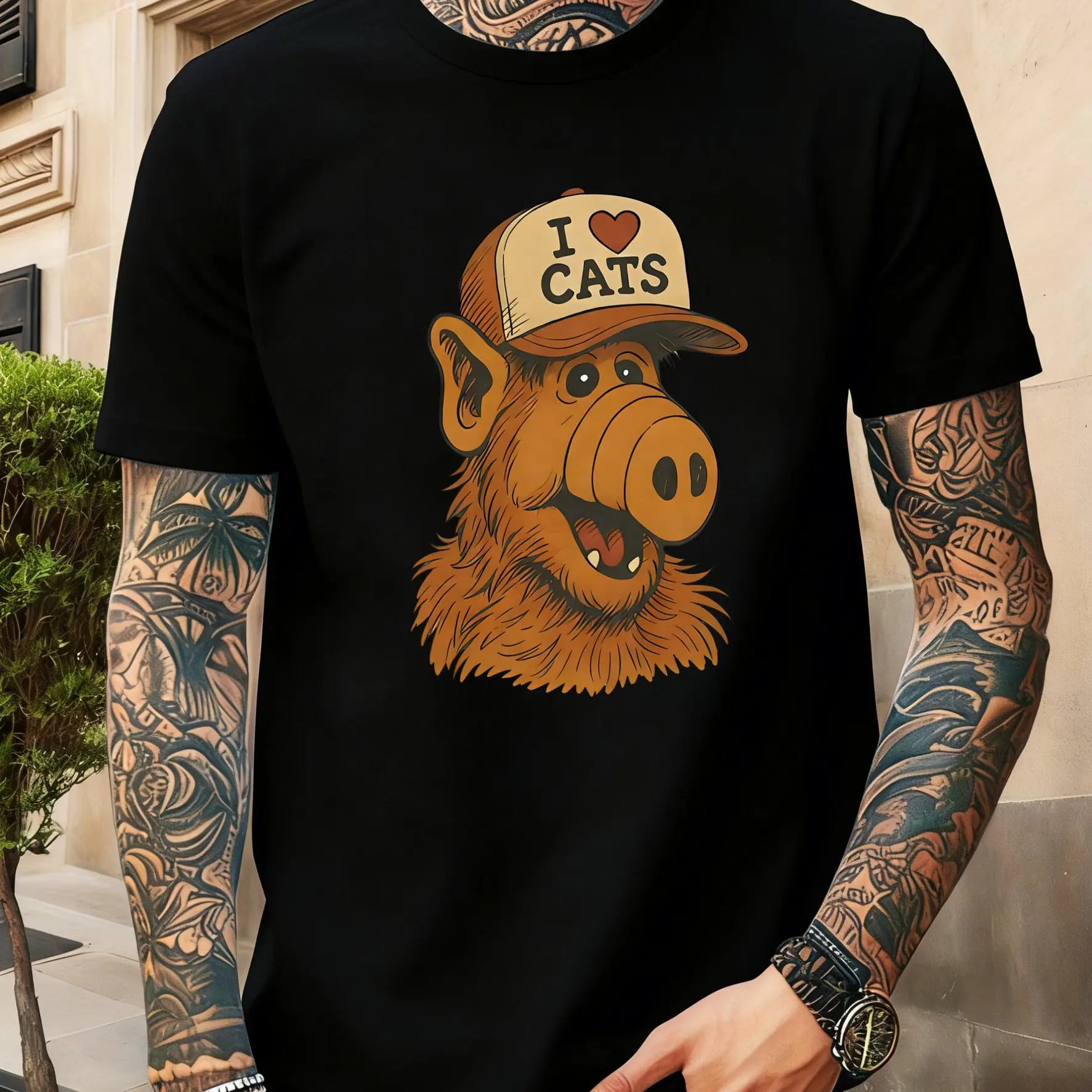 Camiseta Retrô - Camiseta divertida estilo retrô dos anos 80 com o ALF, ideal para entusiastas nostálgicos. Camiseta masculina, gola redonda e manga curta.