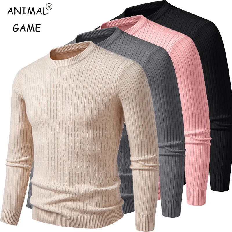 Autumn Mens Crew Neck Sweaters Long Sleeve Lightweight Knit Ribbed Dress Pullover Sweaters Outdoor Casual Twist Cable Sweaters