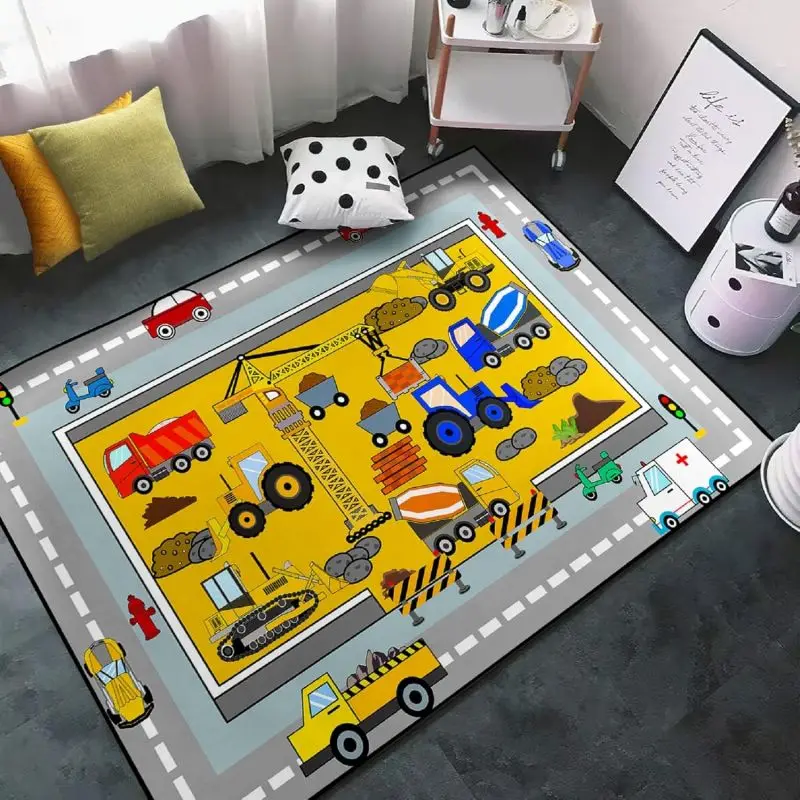 Construction Rugs for Boys Room Construction Play Non Slip Flannel Carpet for Playroom Decor Rug with Truck Tractor Print Mat