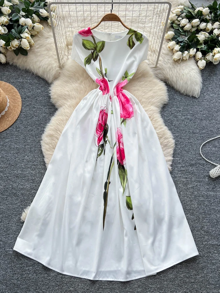 Retro Elegant Women's Dress Spring 2026 High Waist Short Sleeve Printed A-Line Long Skirt Commute Korean Style Polyester Fiber