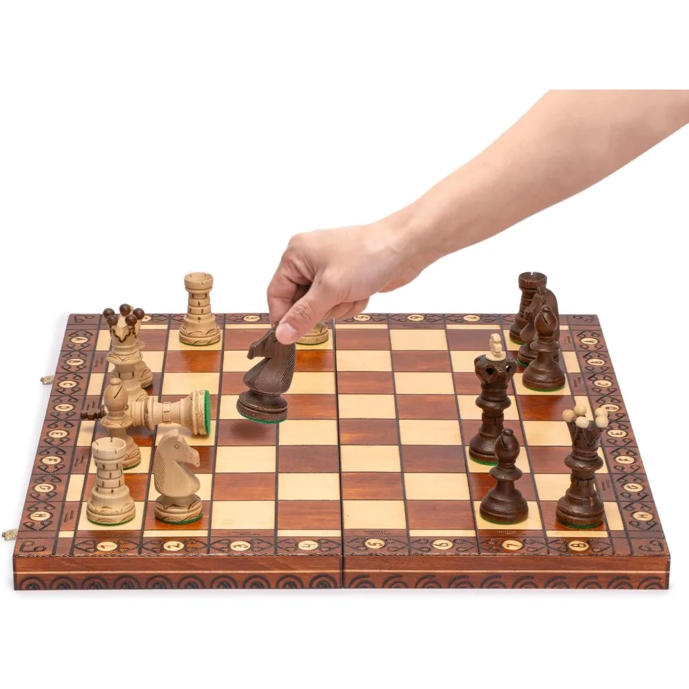 Wooden Chess Game Set, Ambassador - 21.7 Inches - Large-Size Chess Set with Handcrafted Chessmen and Felted Folding Board