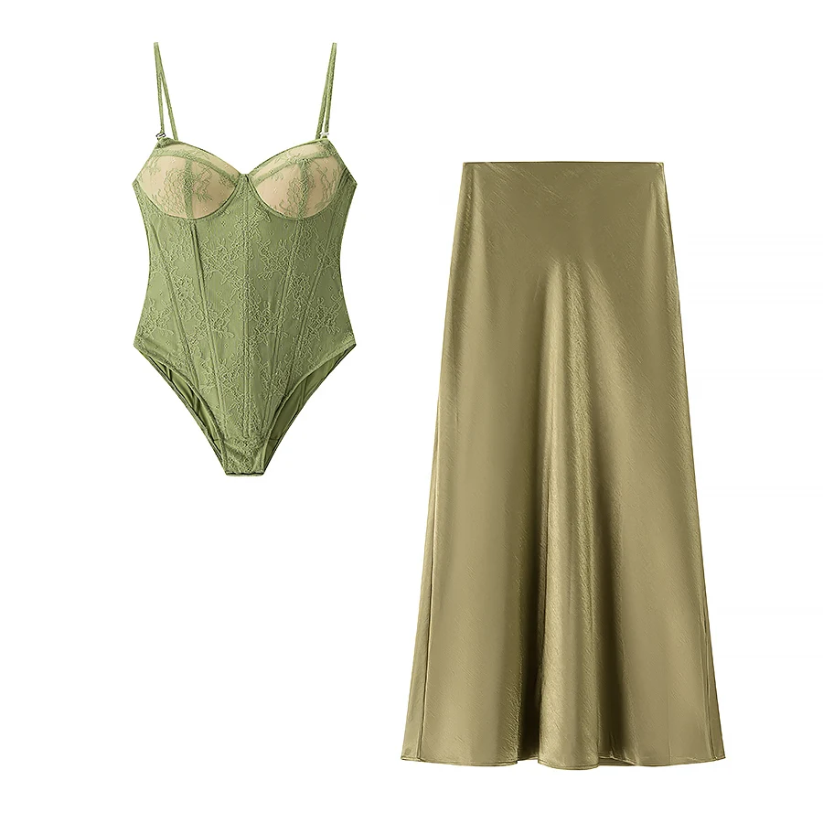 

Новинка лета 2029, шелковый атласный комплект с высокой талией, сексуальное кружевное боди, женский модный костюм из двух предметов, чувственный костюм для взрослых