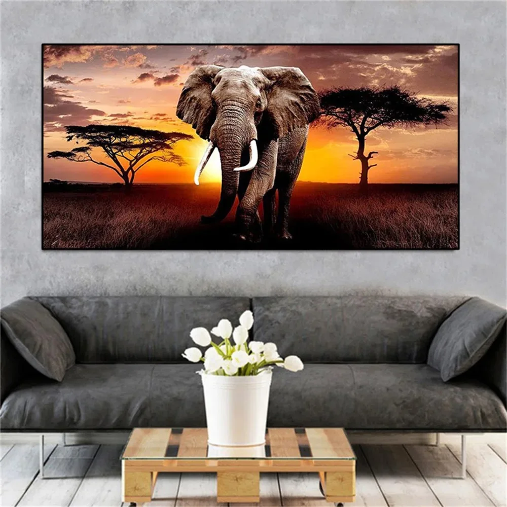 Grande pittura diamante pieno quadrato rotondo 5D fai da te a piedi elefante africano tramonto paesaggio mosaico punto croce miglior regalo Y1345