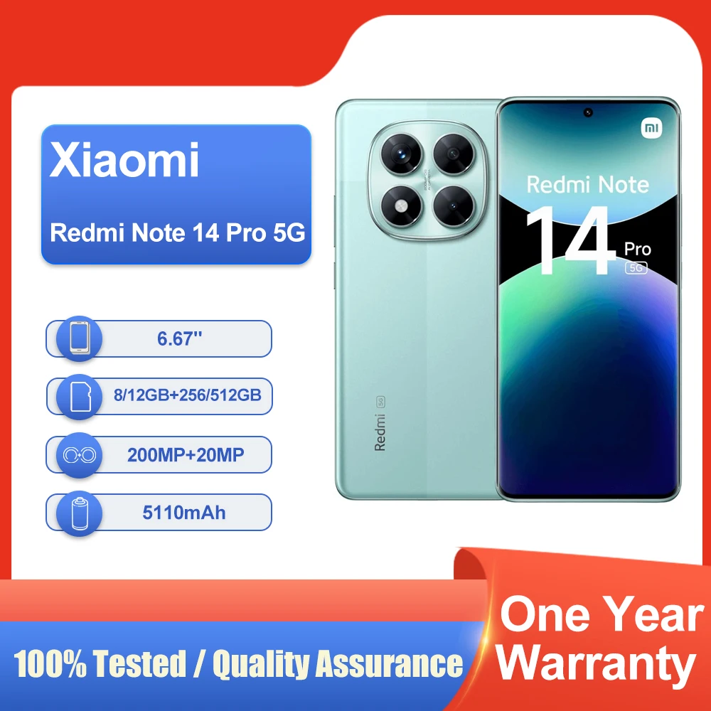 Xiaomi Redmi Note 14 Pro 5G smartphone 200MP Camera Global rom Mediatek Dimensity Fingerprint 5110mAh used phone
