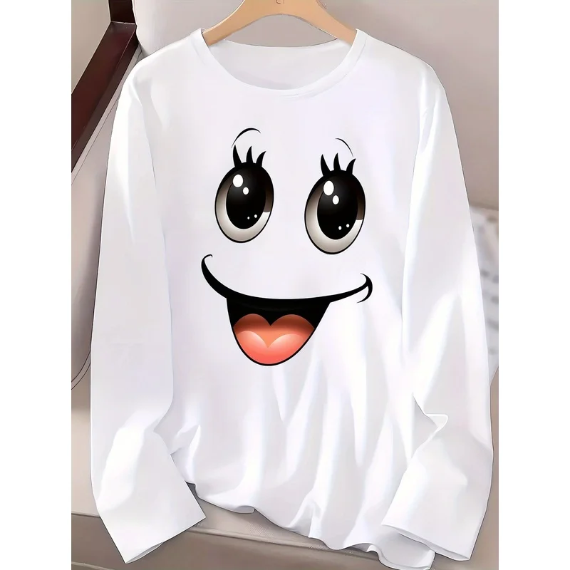 Cartoon smiley face pattern printTShirt，Casual round-neck long sleeveTShirt，Spring, Autumn, Winter Women's Tops