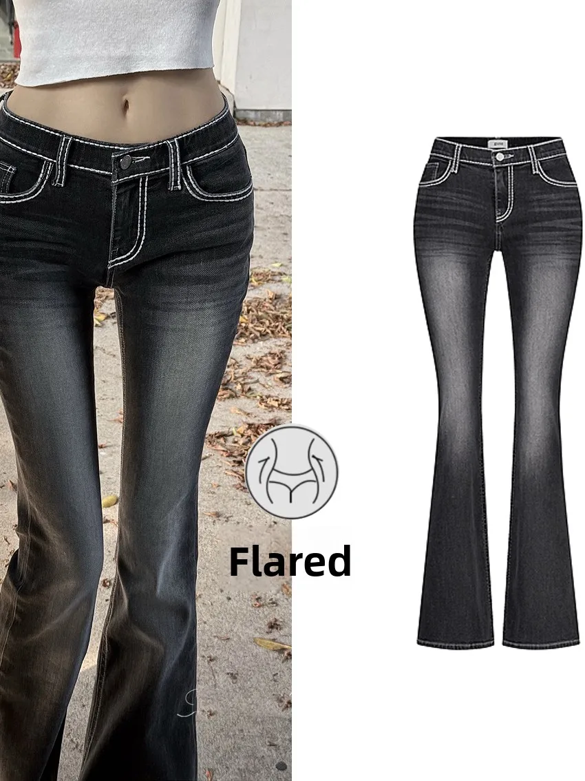 High Waist Slim Fit Micro Flared Jeans Women's High Waist Enlarging Hip Washed out White Line Denim Jeans Casual Bell Bottoms