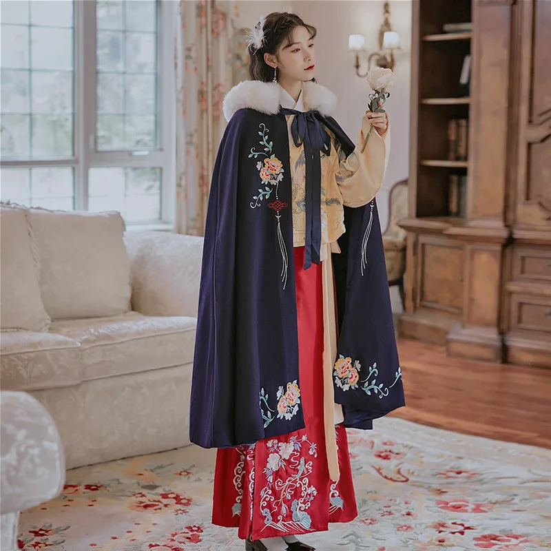 

Autumn Winter Women Hanfu Cape Cloak Fairy Hooded Embroidery Plush Coat Chinese Ancient Vintage Tang Dynasty Princess Overcoat