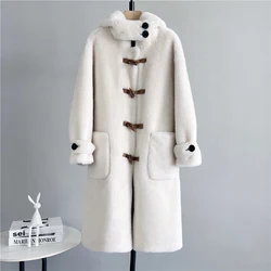 Winter Real Wool Fur Hooded Overcoats Women New Horn Button Pockets Loose Long Coats Fashion Elegant Thick Warm Outerwear