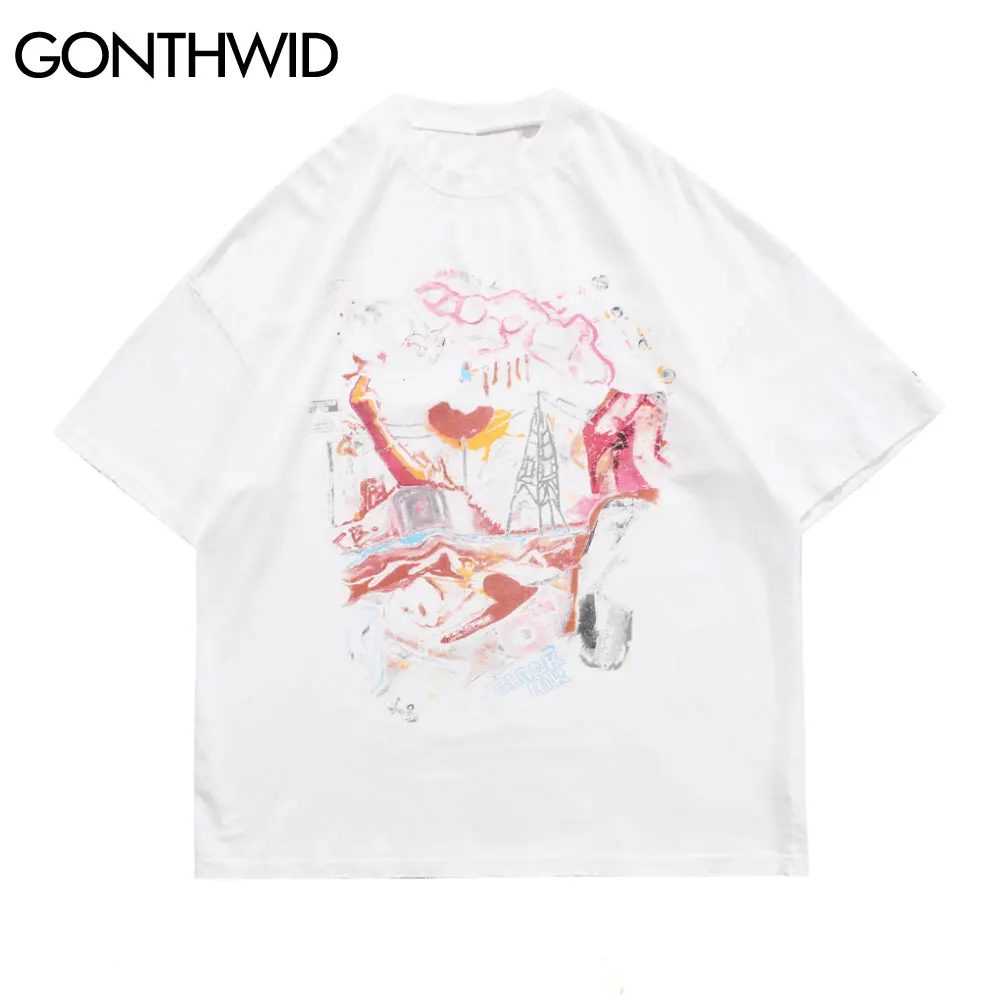 GONTHWID Oversized T-Shirts Hip Hop Distressed Graffiti Punk Rock Gothic Tee Shirts Streetwear Harajuku Hipster Short Sleeve Top