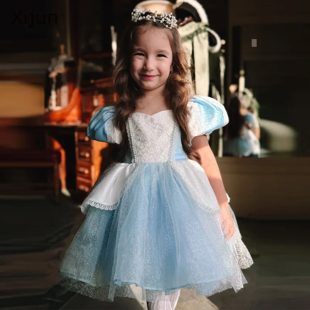 Xijun Glitter Baby Blue Flower Girl Dresses Puff Sleeves A-Line Birthday Party Dresses For Kids Princess Girl Dresses Customized