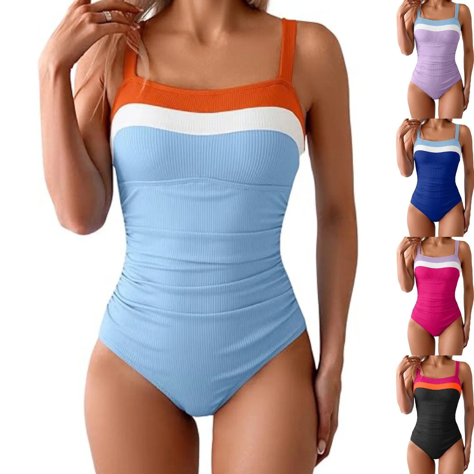 

Women Swimsuit Tummy Control Ribbed Swimwear Purple White Blue Slim Fit Bathing Suit Square Neck Thin Straps Ruched Waist High