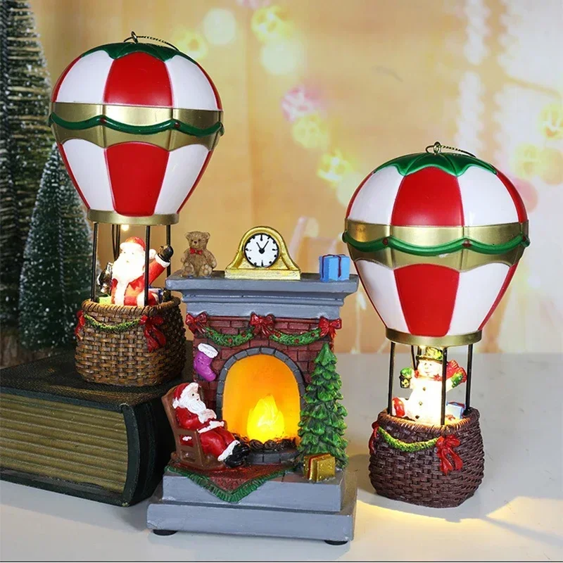 Christmas Glowing Resin Ornaments Santa Claus Snowman Fireplace Warm White LED Night Light for Holiday Home Decor Kids Toys Gift