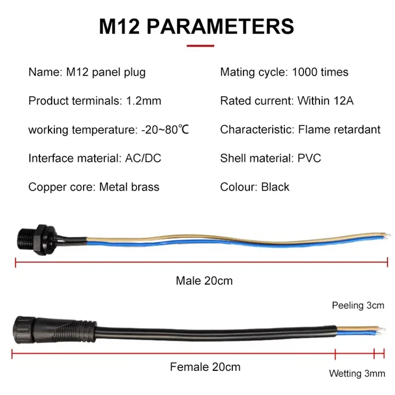 Waterproof M12  2 3 4 5pin Plug Panel Socket Industrial Aviation Connectors 0.5/0.75/1.0 Square Male Female Quick Docking IP68