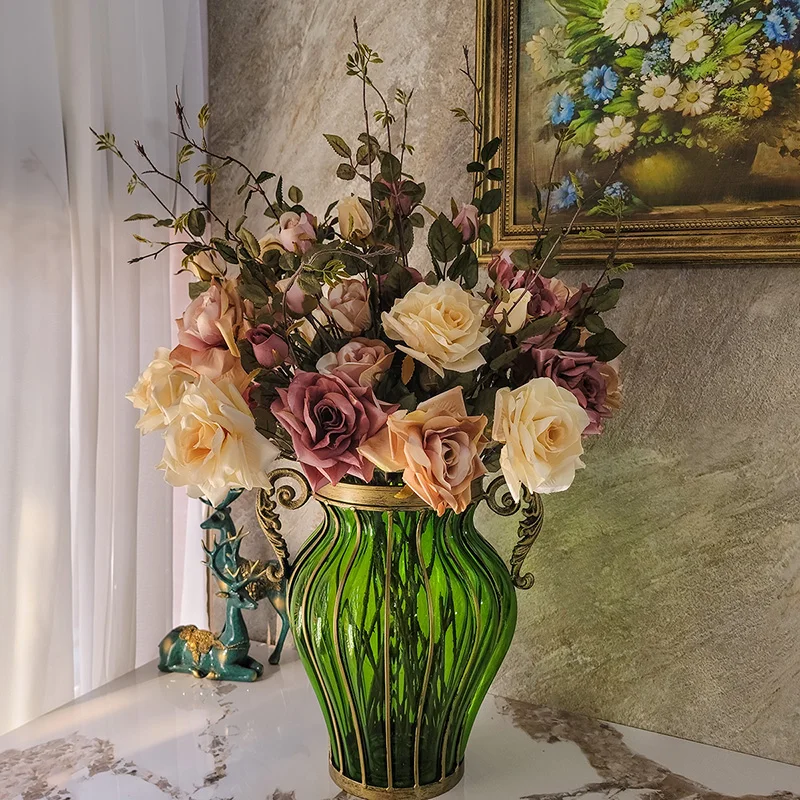 

Glass vase ornament living room large flower arrangement European retro green hydroponic flowers porch edge few American light