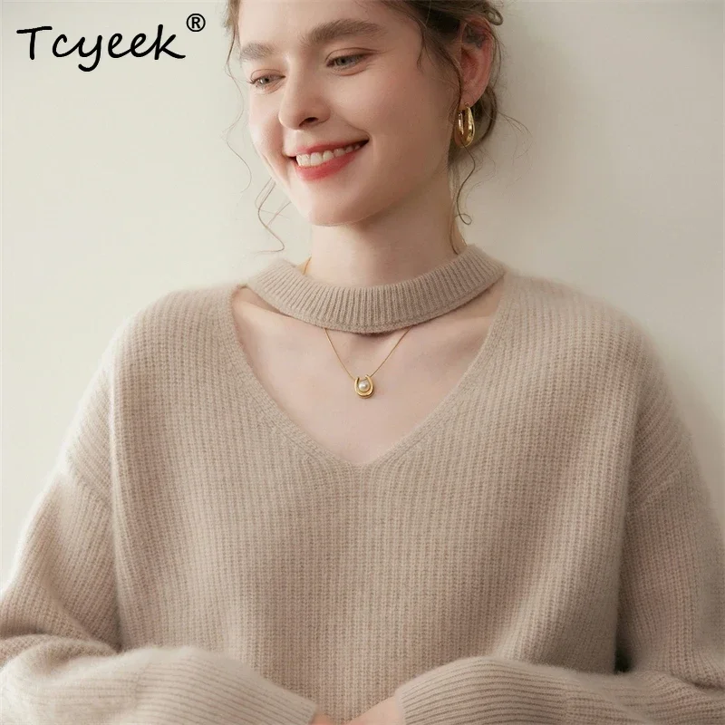 Trend Women's Sweater Pullover 100% Cashmere Autumn Winter Sweater Warm Clothes Hanging V-neck  Long Sleeve Knitwear Sexy Office