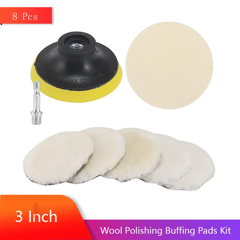 

3 Inch Wool Polishing Buffing Pads Kit 8 Pcs with M10 Thread Drill Adapter Backer Plate for Removing Scratches Burrs Rust Dust